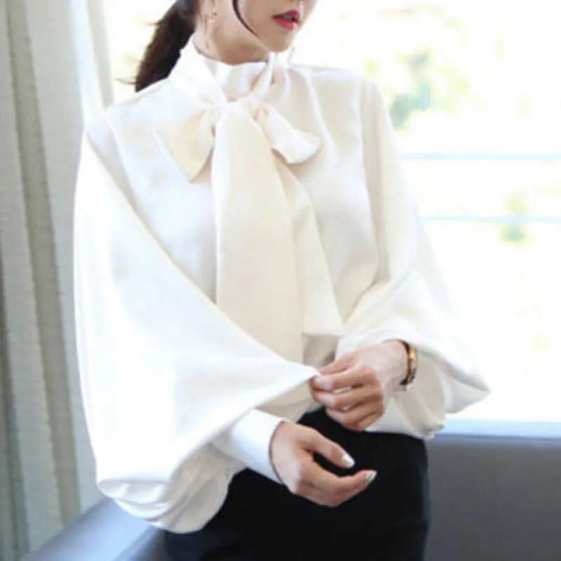 

Women Evening Satin Lantern Sleeve Shirt Bow Tie Neck Loose Formal Blouse Tops
