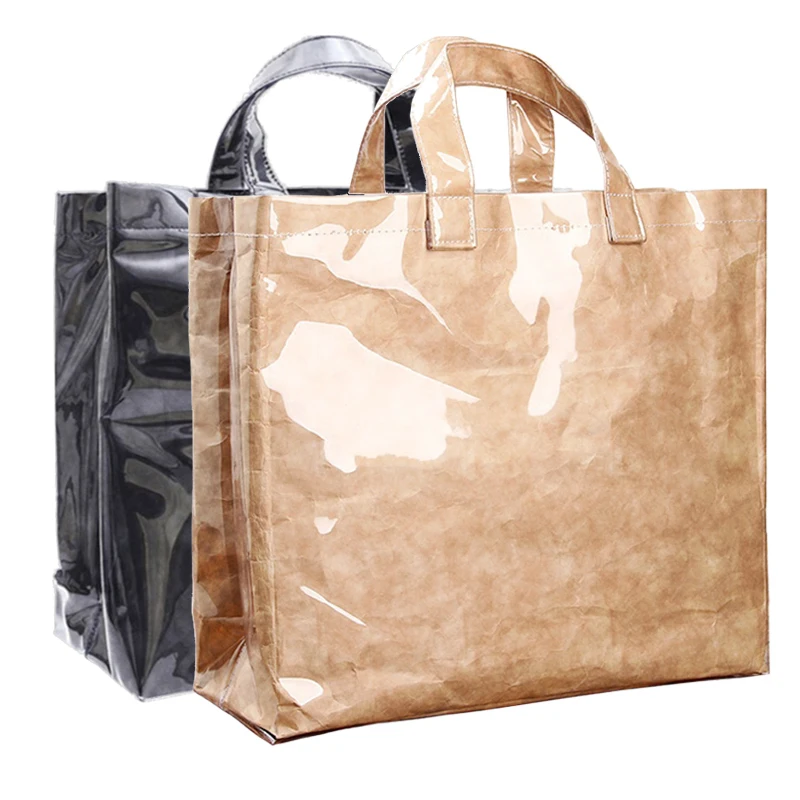 

[Telastar] Waterproof PVC Jelly Bag Vintage Kraft Paper Tote Bag Transparent Casual Shopping Bag Summer Beach Bag Big Capacity