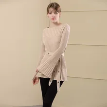 Women's new slash neck knitted tops solid color long-sleeved sweater flare sleeves long sweater women autumn and winter 18069 Women's new slash neck knitted tops solid color long-sleeved sweater flare sleeves long sweater women autumn and winter 18069
