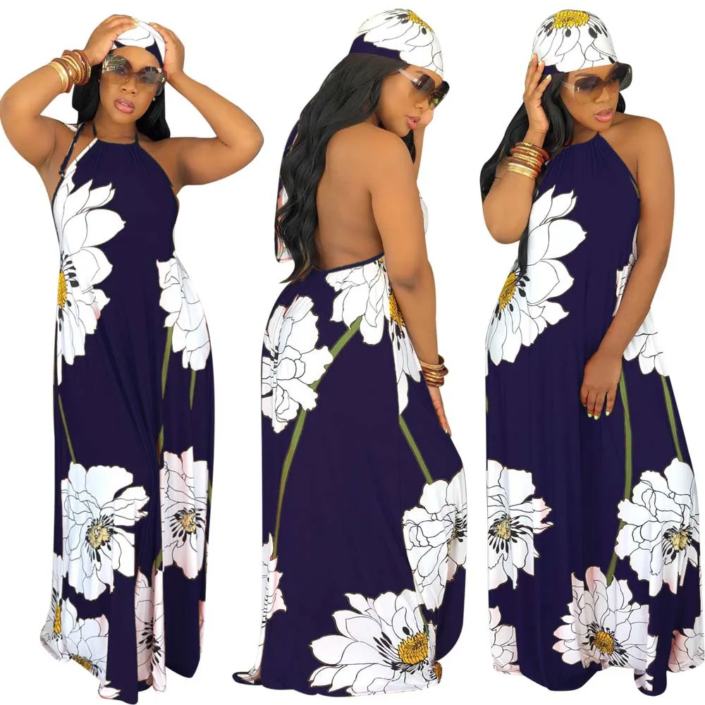 

2019 hot selling Cross-Border for Independent Station Explosion Models Lotus Printed Strappy Backless Dress with Scarf