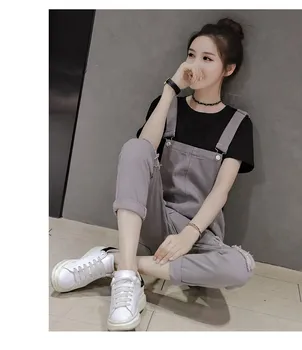 

Plus T-shirt jumpsuit summer Korean version of the solid color pocket denim jumpsuit female casual hole high waist jumpsuit tl23
