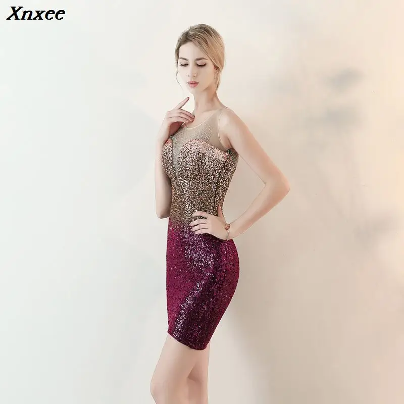 Xnxee сексуальное платье без рукавов цвета красного вина с блестками, тонкое Элегантное Вечернее Платье До Колена с круглым вырезом, vestidos Xnxee