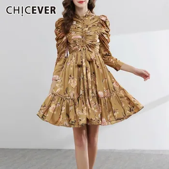 

CHICEVER Vintage Print Dress For Women Stand Long Sleeve High Waist Ruched Bandage Bow Mini Dresses Female Fashion 2020 New Tide