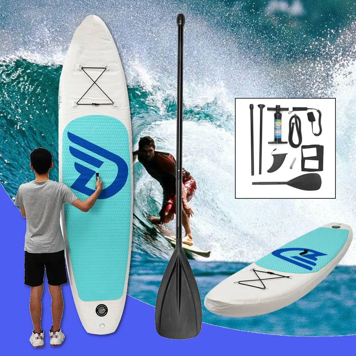 

10ft Surf Paddle Board Inflatable Surfing Board Stand Up Water Pump Foot Leash Beach Ocean Body Boarding Water Sport Accessories