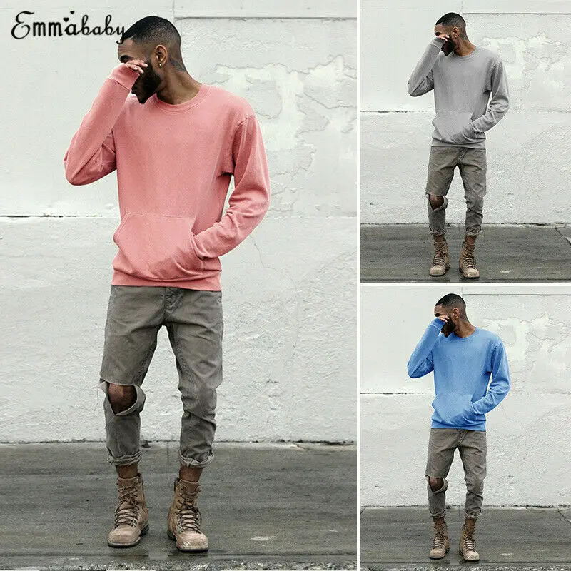 

Fashion Brief Style Men Casual Long Sleeve Shirts Slim Fit Front Pocket Plain Color Tee Tops Loose T-Shirt