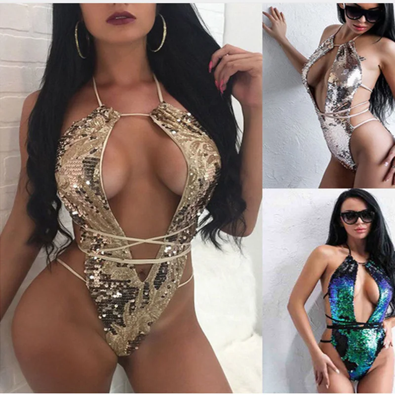 

2019 Newest Sequins One Piece Swimsuit Halter Swimwear Women Bathing Suit Push Up Padded Swiming Wear Bandage Bodysuit 3 Styles