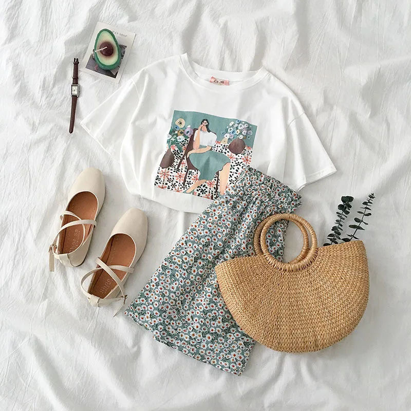 

Vintage Flower Skirt Set Summer 2 Piece Set Women Fashion Boho Style White T-shirt +A-line Mini Skirt Female Casual Matching Set
