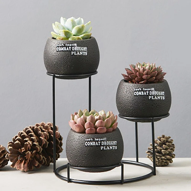 

European Style Desktop Succulent Plant Flowerpot And Flower Stand Set Round Cement Pot With Simple Iron Rack Home Decoration