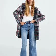 New Women Pressing Glue Waterproof Long Plaid Jacket Coats Fashion Loose Hooded Windbreaker Jacket Coat