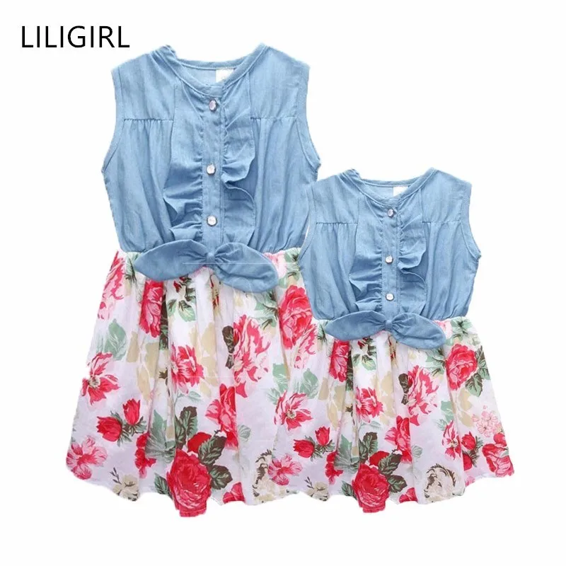 LILIGIRL/Одинаковая одежда для всей семьи; Новинка года; джинсовые детские платья для мамы и дочки; платье с цветочным рисунком для мамы и дочки