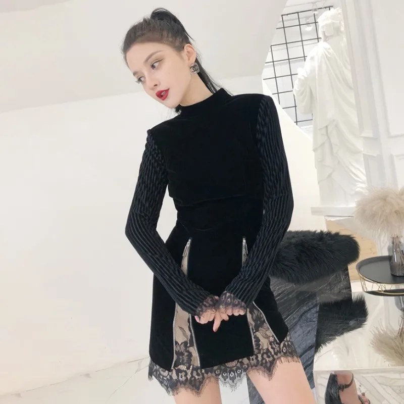 TWOTWINSTYLE Лоскутные кружевные бархатные платья женские с длинным рукавом открытой
