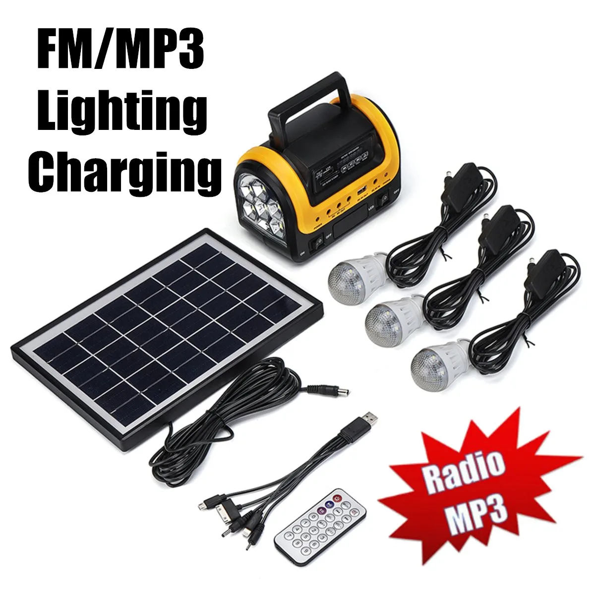 

Solar Panel Power Generator Portable LED Lighting System Kit MP3 Radio Flashlight USB Charger 3 LED Bulbs Outdoor Emergency