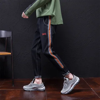 

#2068 Pencil Harem Jeans Men Slim Fit Blue Black Grey Stretch Denim Joggers Embroidery Side Striped Streetwear Jeans For Man