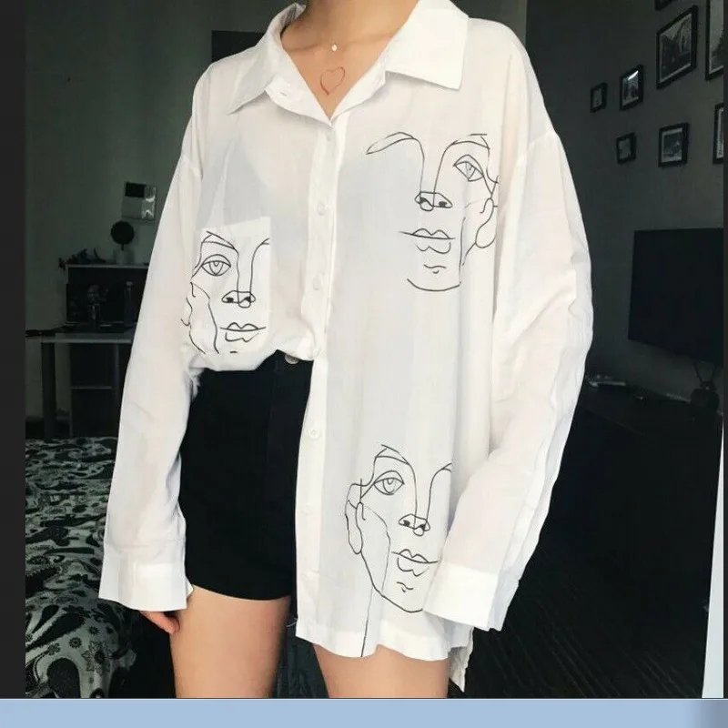 New Fashion Women's Unisex Casual Button Up Long Sleeve Print Blouse Cool Gril Shirt |