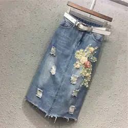 Лето Осень для женщин бисер цветок кисточкой Юбка необычная джинсовая юбка вышивка зауженная, с высокой талией джинсы для юбки