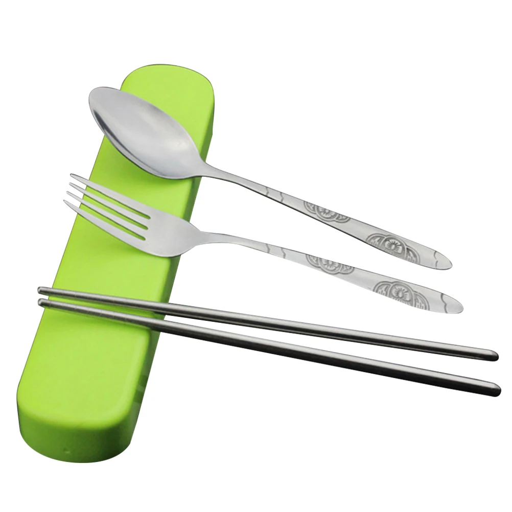 

3 Pcs Stainless Steel Tableware Set Portable Travel Spoon Fork Chopsticks Set Camping Cutlery Set with Pulling Type Storage Box