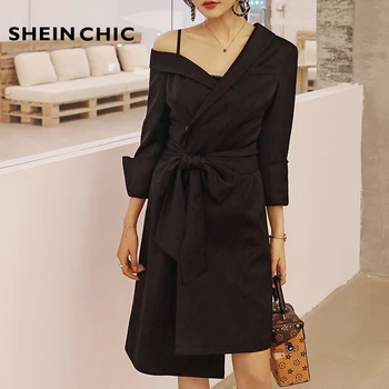 

Business Women Dress Elegant 2019 Summer Solid Black Bow Long Sleeve Office Lady Dress Sexy V Neck Work Dress For Female