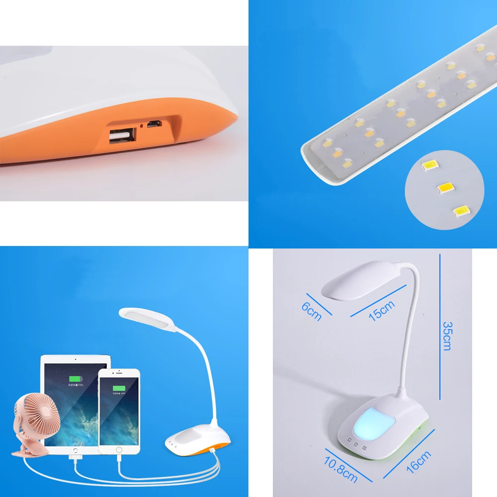 Перезаряжаемая настольная Светодиодная лампа с регулируемой яркостью и USB