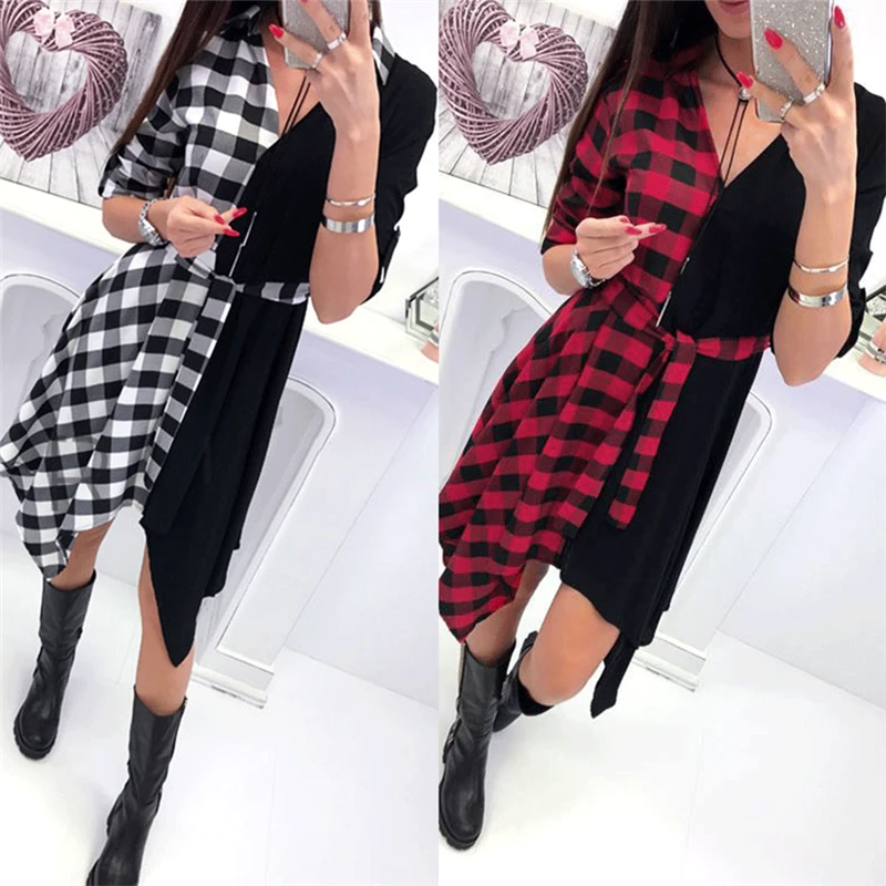 

Womens Splicing Plaid Dresses V-neck Asymmetrical Shirt Dress Women Sexy Dresses Female with Wide Belt Patchwork Clothing Autumn