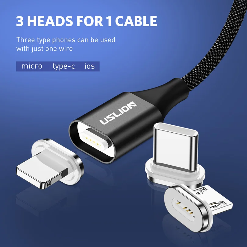 USLION كابل USB مغناطيسي المصغّر usb نوع C كابل ل فون سامسونج S10 زائد 3A سريع شحن المغناطيس شاحن الهاتف المحمول الكابلات
