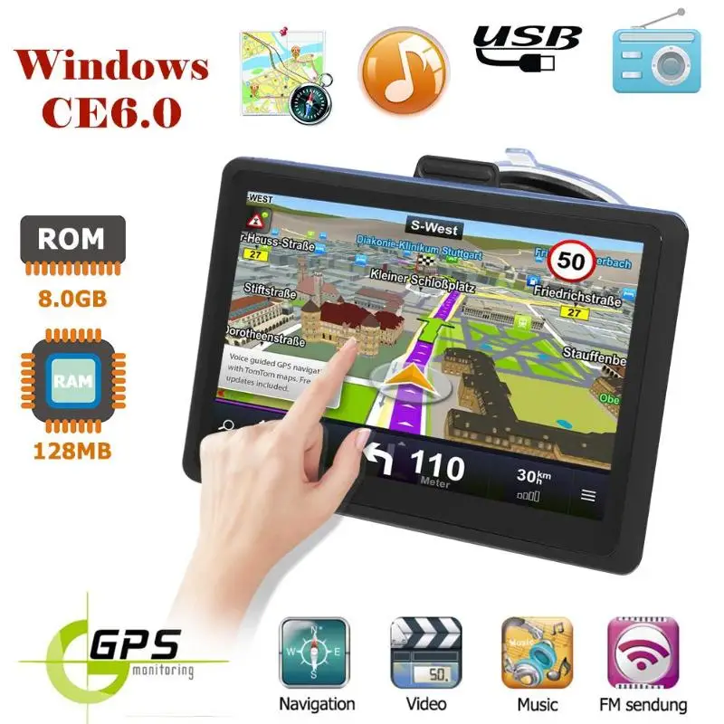 

Portable 7 inch Touch Screen GPS Navigation 128MB+8GB GPS Navigator w/ Map Multi GPS with built-in polymer lithium battery
