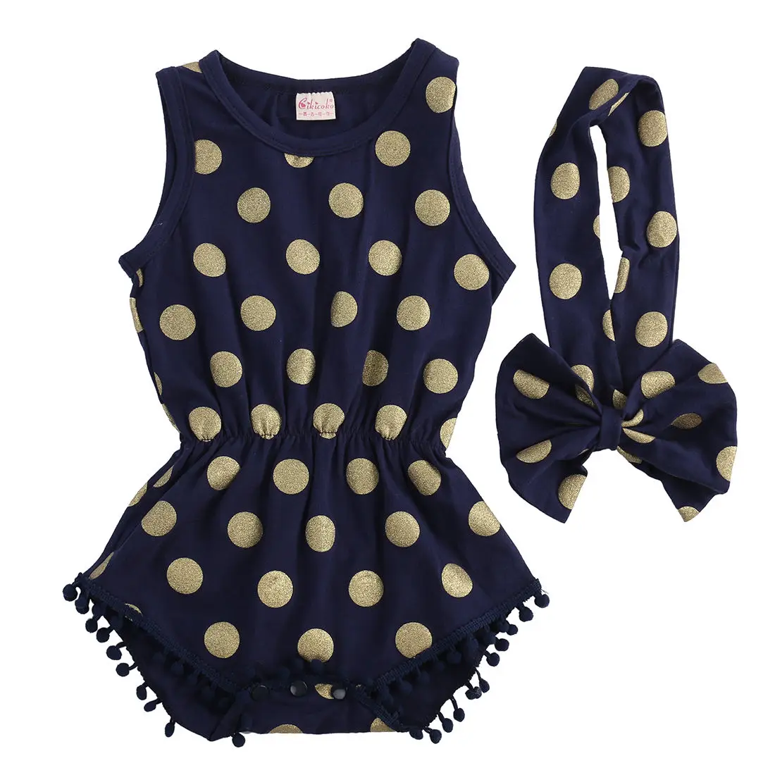 

NEW Kid Baby Girl Gold Polka Dot Bodysuit Small Pompom Headband Jumpsuit Outfits Set Clothes