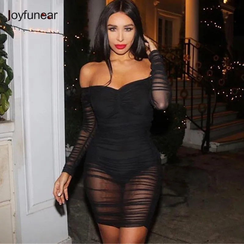 

Joyfunear Black Off the shoulder Midi dress women summer long sleeve and lower body Transparent sexy dress elegant party dresses