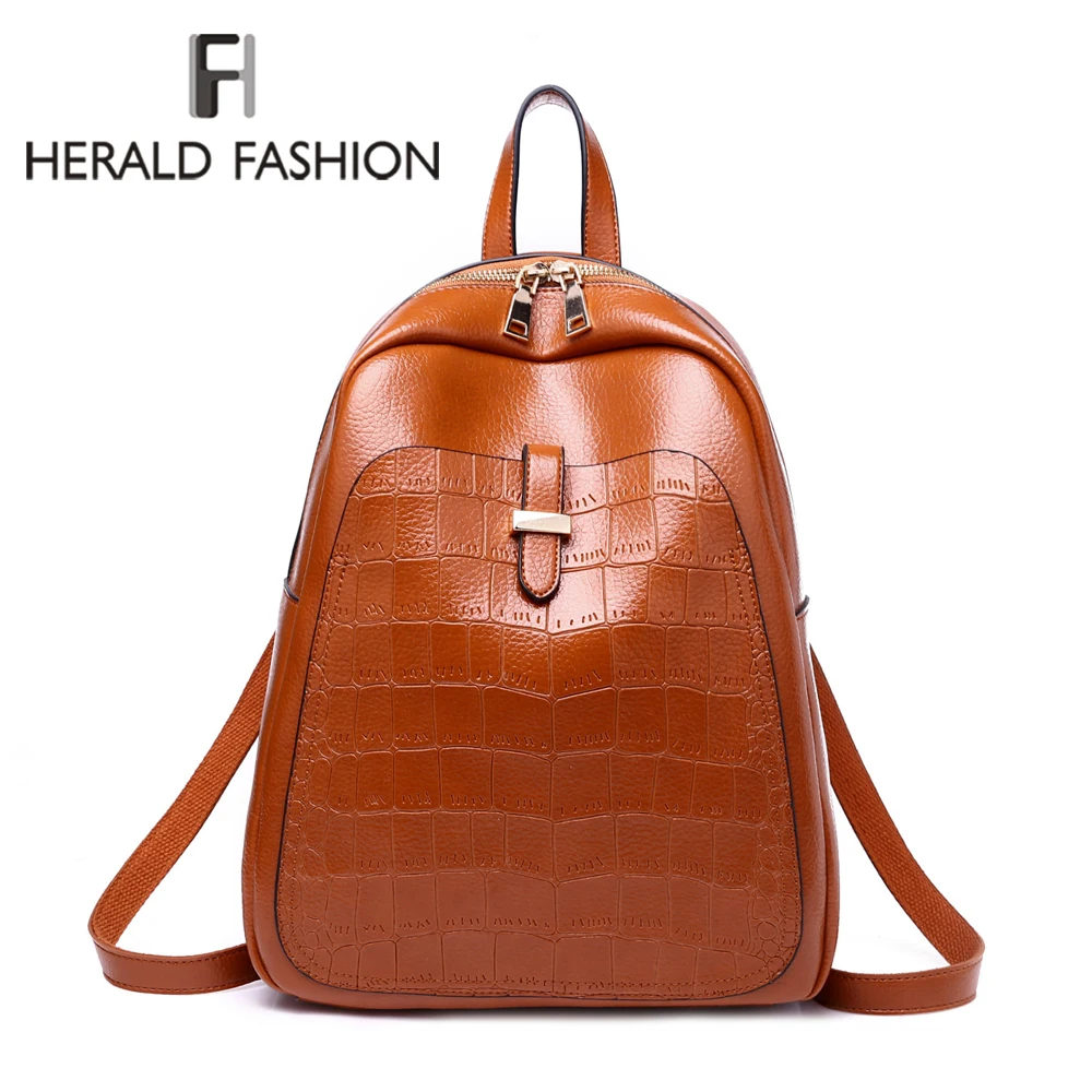 

Herald Fashion Quality Leather Women Backpack Stone Pattern Schoolbags For Teenage Girls Female Solid Large Capacity Travel Bags