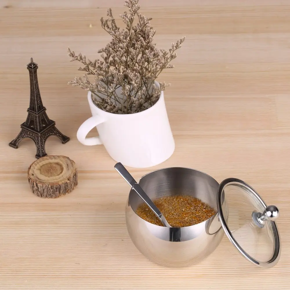 

Homgeek High-end Durable Stainless Steel Sugar Bowl with Lid and Sugar Spoon Versatile Seasoning Container For Kitchen