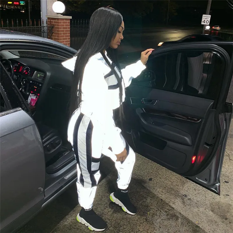 

Women Reflective Two Pieces Sets Patchwork Long Sleeve Ctop Top Casual Loose Drawstring Pants Tracksuit Sweatshirts Joggers Suit