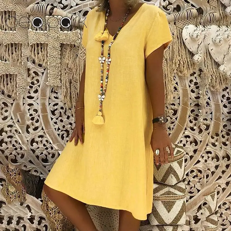 

Women Summer Dress 2019 Solid V-Neck Short Sleeve Ethnic Dress Elegant Ladies Casual Loose Robe 3XL 4XL 5XL Plus Size Boho Dress