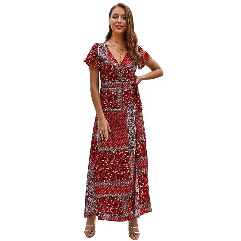 

Summer Boho Elegant Party Red 2019 Women Long Dresses Casual Aline Floral Print Split Travel Beach Sexy Streetwear Female Dress