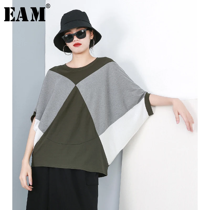 

[EAM] 2019 New Spring Summer Round Neck Half Batwing Sleeve Brief Hit Color Loose Big Size T-shirt Women Fashion Tide JR186