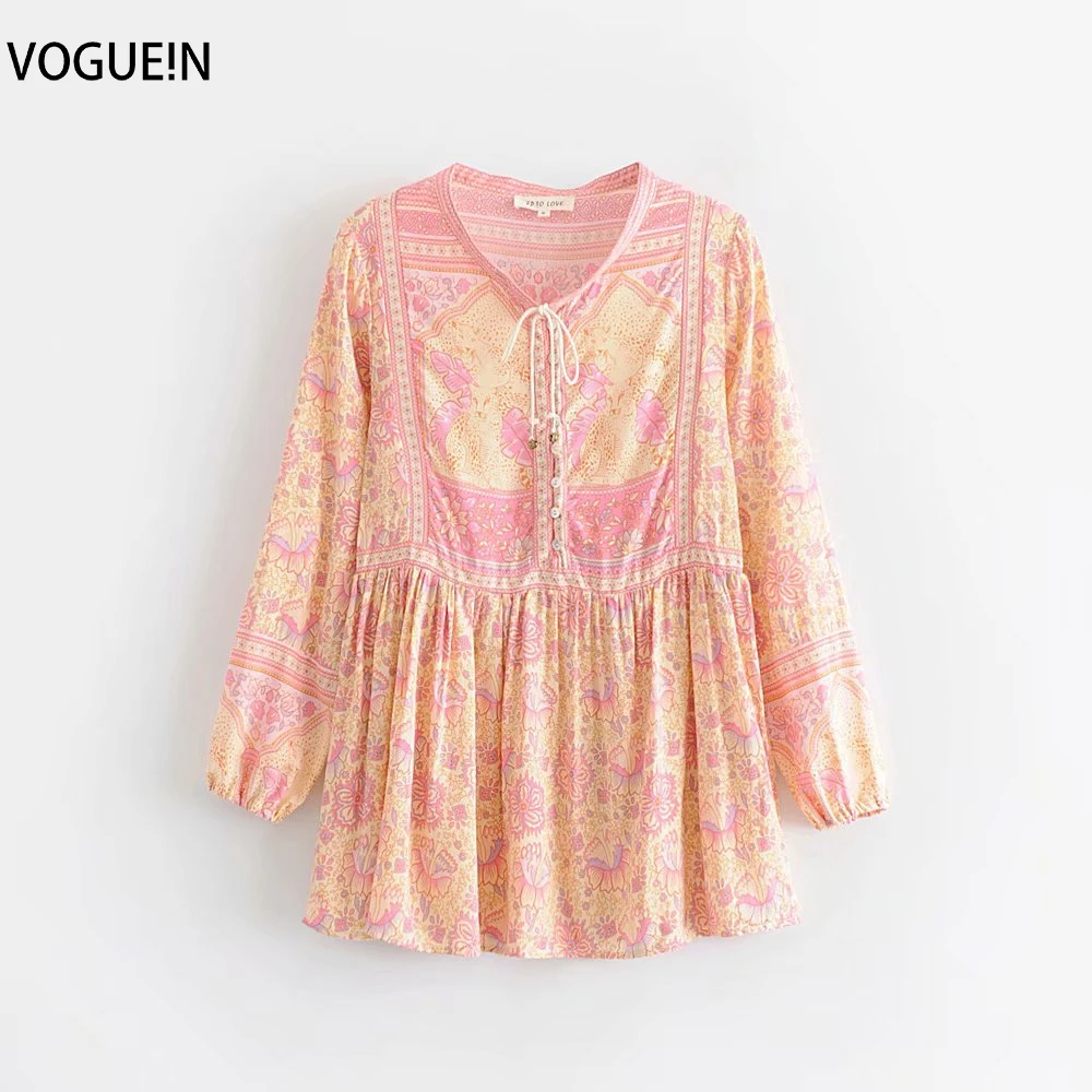 

VOGUEIN New Womens Ethnic Boho Pink Floral Print Bell Long Sleeve Blouse Top Shirt Wholesale