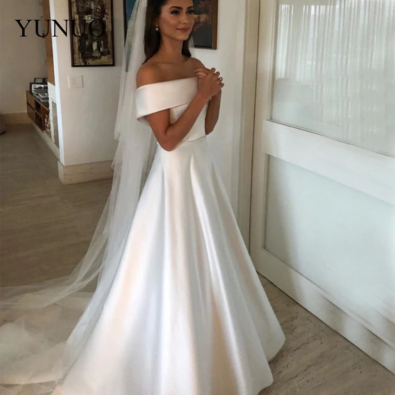 

Simple A Line Wedding Dresses Satin Off The Shoulder Wedding Bridal Gowns Sweep Train Casual Dresses Zipper With Buttons Back