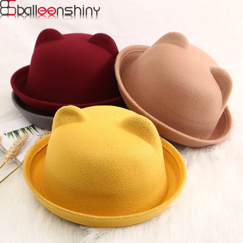

BalleenShiny Warm Baby Wool Cartoon Caps Cute Kids Solid Color Bear Ear Gorro Top Hat Bucket Hat For Boys &Girls