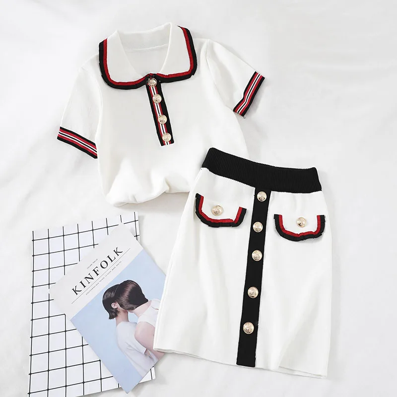 

Summer Women Knitted Tops Skirts Suits Short Sleeve Turn-down Collar Buttons Shirt and High Waist Skirt Suits Sets for Woman