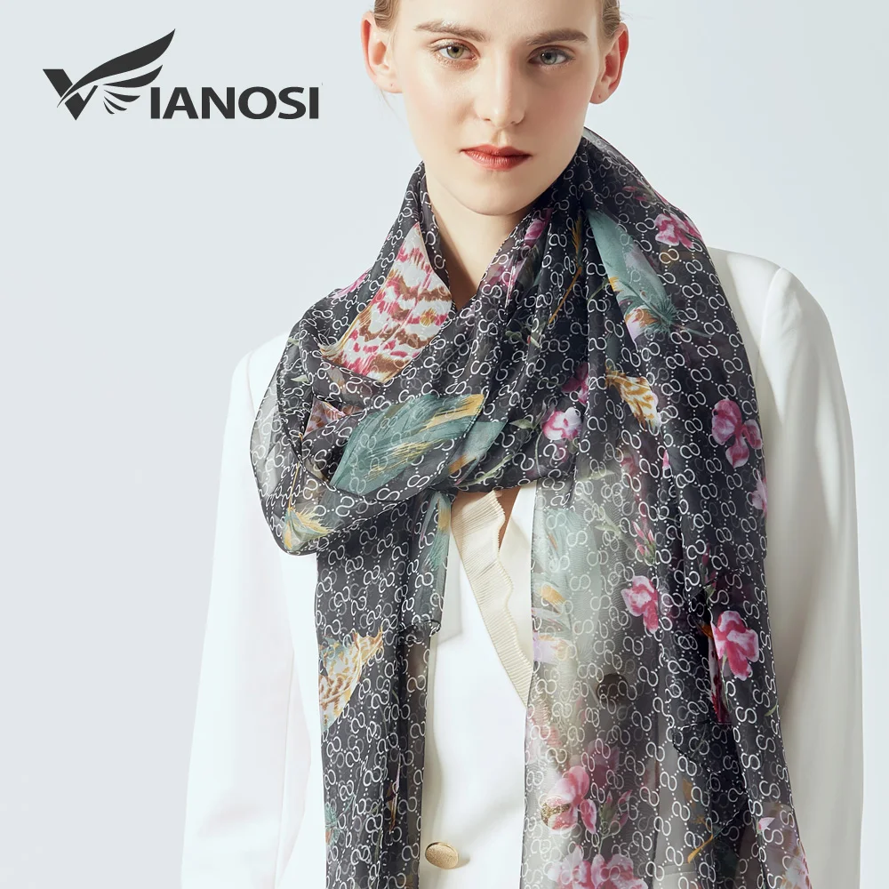 

[VIANOSI] Brand designer black scarf summer bandana soft silk scarves for women print shawl fashion echarpe hijab