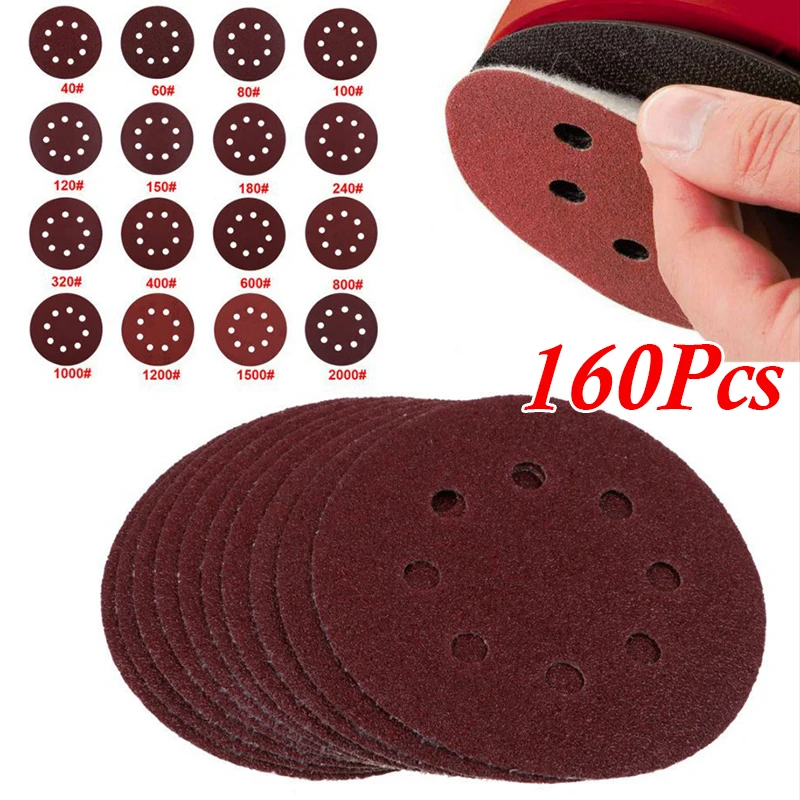 

125mm 5" 160PCS 40-2000 Sandpaper Coarse Sand 8-hole Pad Sanding Discs Quality