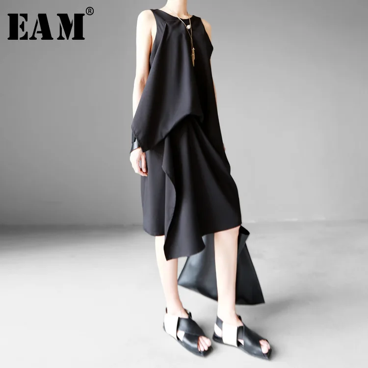 

[EAM] 2019 New Round Neck Sleeveless Black Irregular Hem Brief Loose Irregular Hem Dress Spring Summer Women Fashion Tide JG222