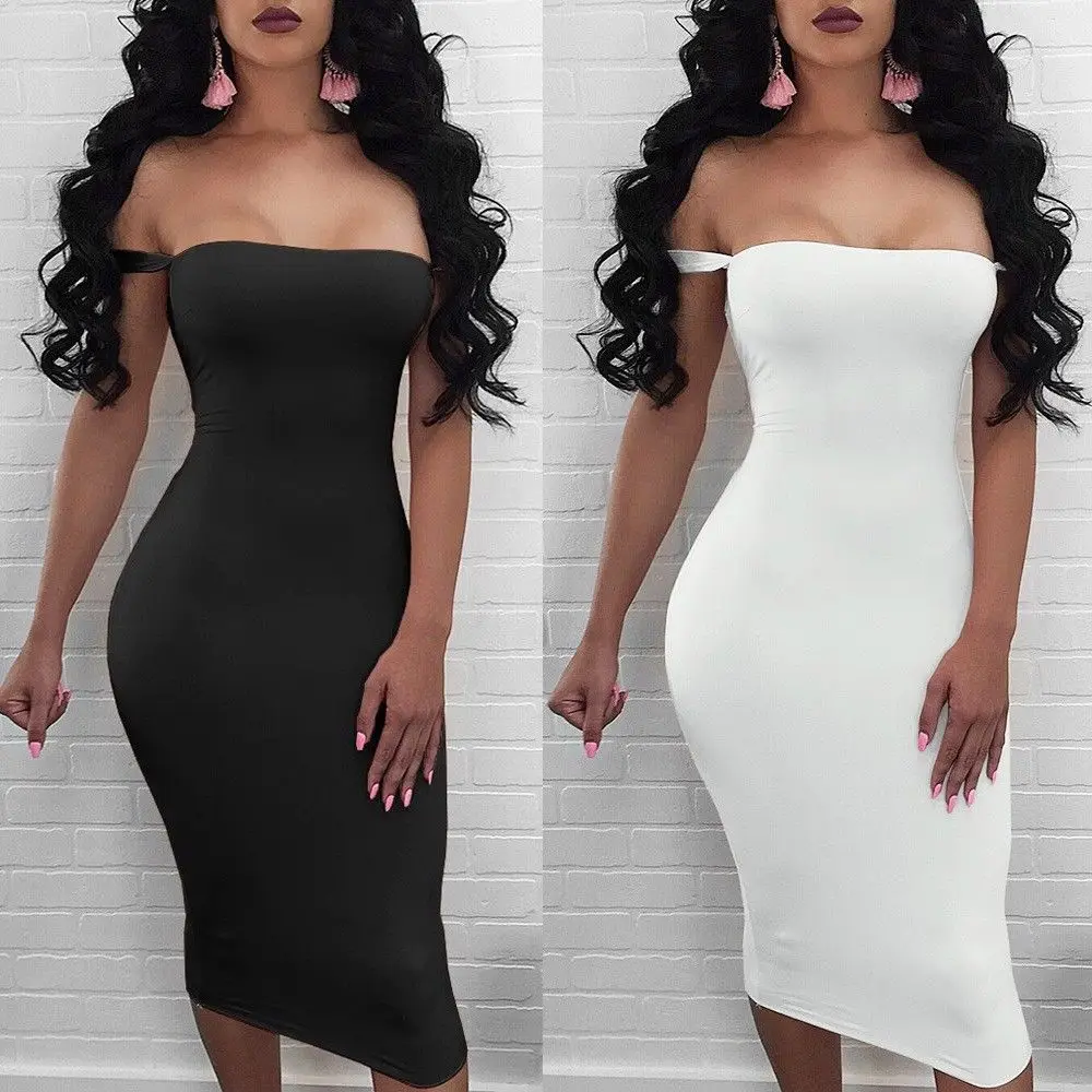 Summer Women Dress Sexy Lady Bodycon Off Shoulder Party Midi Dress Woman Strapless Solid Pencil