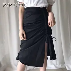 TWOTWINSTYLE корейский сплошной для женщин юбка высокая Талия Ruched Drawstring бандажные Сбоку разрез длиной до колена Юбки для женские летние модные