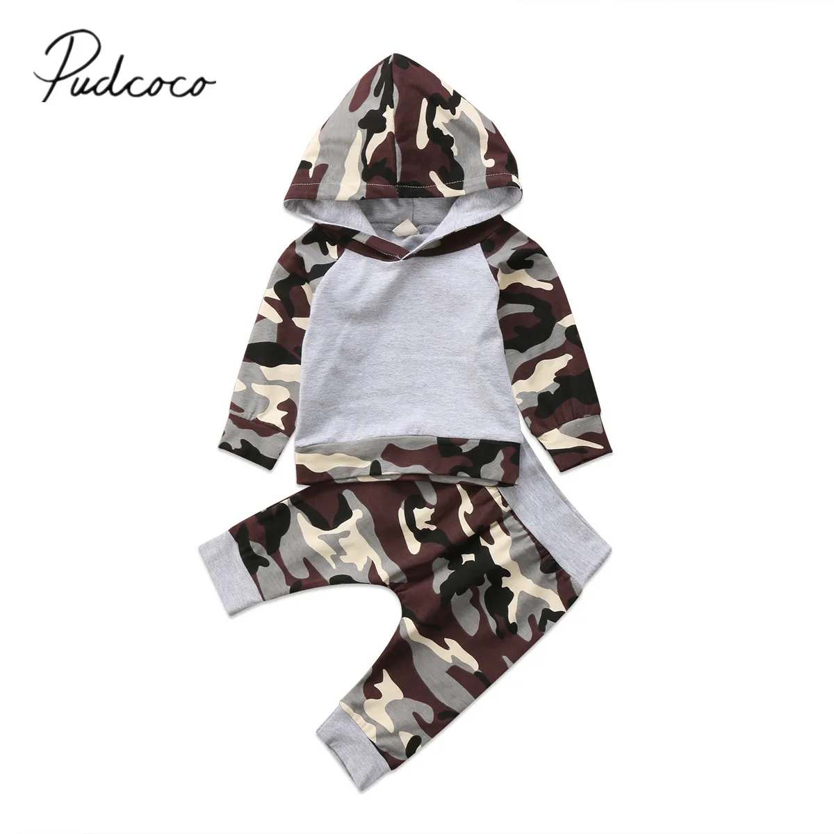  2018 Brand New 2Pcs Newborn Toddler Infant Baby Boys Camo Hoodie Tops Pants Outfits 2Pcs Set Fall W