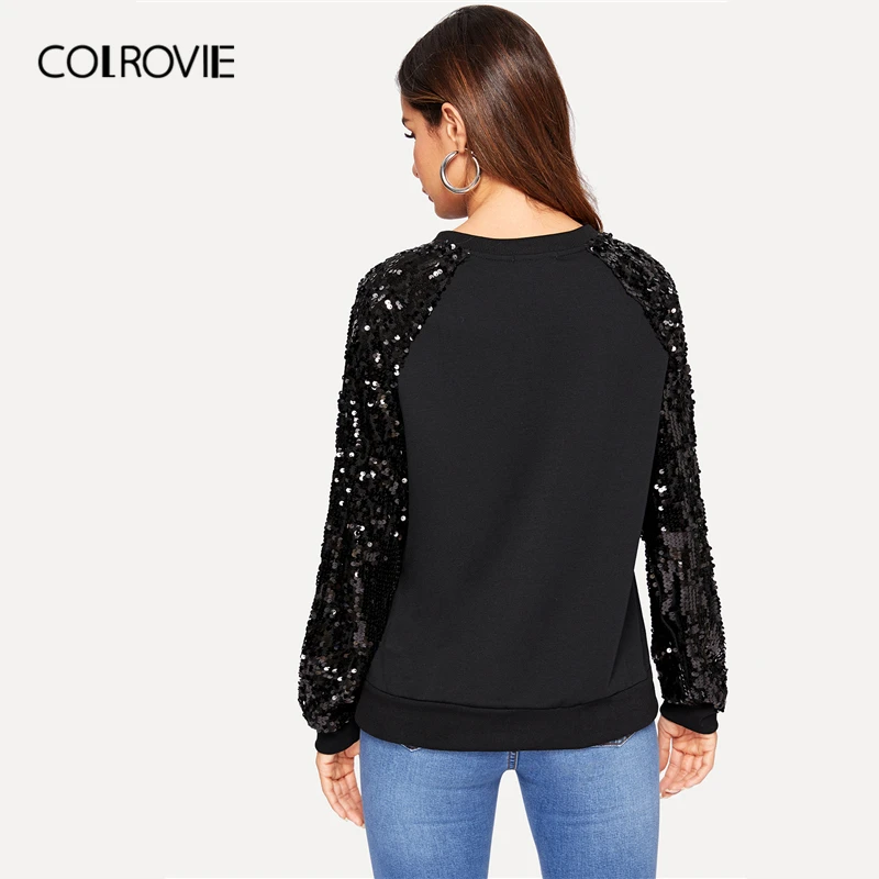COLROVIE черный однотонный реглан рукав корейский основной блесток свитер женский осень пуловер K-поп свитшоты зимняя одежда