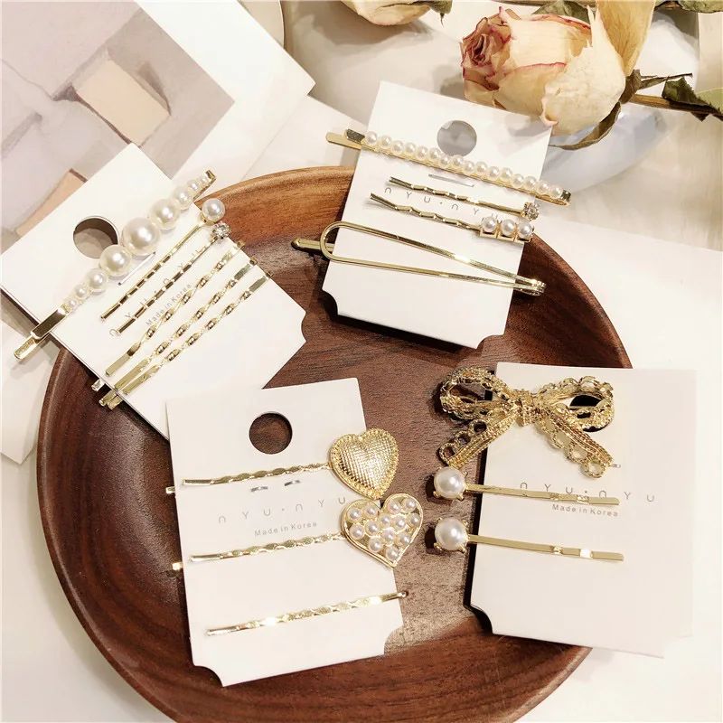 

2019 Korea Imitiation Pearl Flower Hairpins 3-4 pcs/Set Vintage Long Barrettes Hair Clips Metal Hair Accessories Hairgrip