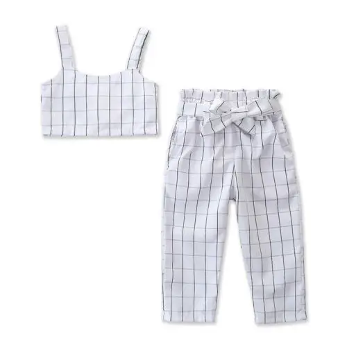 

Pudcoco Kids Baby Girls Plaid Outfits Set Strap T Shirt Tops+Bow Pants Clothes