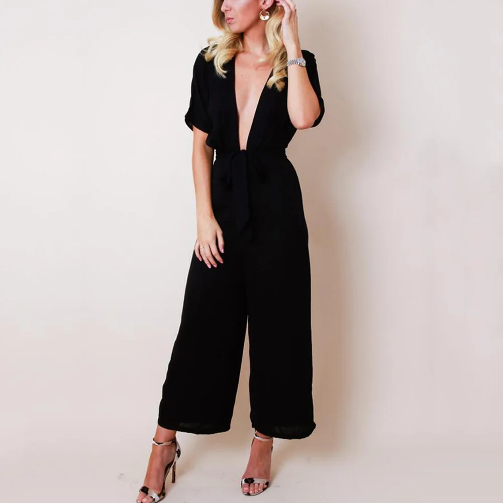 

Women Jumpsuits Summer Casual Short Sleeve Jumpsuit Work Wide Leg Pants Suit Playsuit Bow Sexy V-neck Solid Bodysuits Long Pant