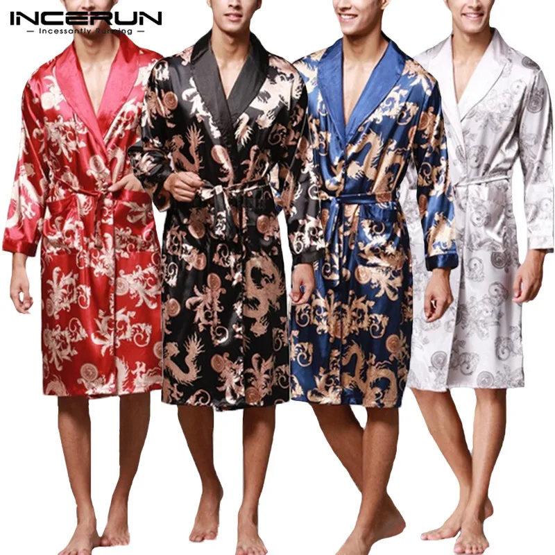 Ceny Stylowy męski szlafrok jedwabne kimono z długim rękawem szata chiński smok przynoszący szczęście piżama z nadrukiem mężczyźni suknia szlafrok mężczyźni Homewear Masculina