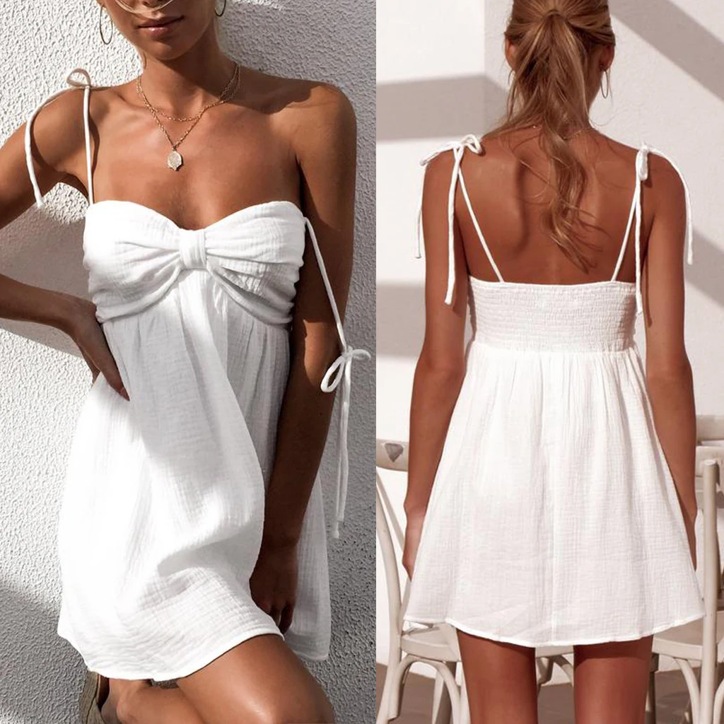 

Women Boho Summer Beach Mini Dress Party Ball Spaghetti Strap Dresses Solid Drape Summer Sundress
