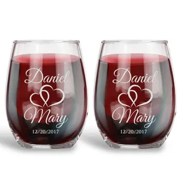 

2pcs Personalized Name&Date Wedding Stemless Wine Glasses,Double Hearts Bride and Groom Toasting Champagne Glasses,Wedding Gift